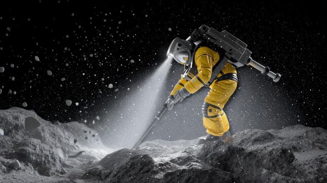 Astronaut in a yellow suit mining an asteroid with a bright helmet light