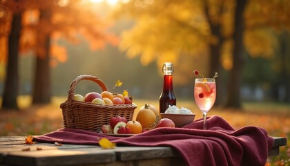 Autumn picnic setting. Wicker basket with fruit bottles of drink. Glass with cocktail bowl of cream. Cozy scene in park on wooden table. Seasonal photo with colorful leaves.
