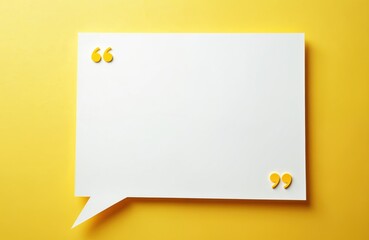 White speech bubble with yellow quotation marks on yellow backdrop. Clean design for message mockup. Blank dialogue box conveys communication. Minimalist background suitable for text template.