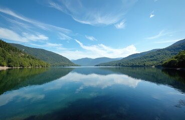 Fototapeta premium Bright blue sky with wispy clouds perfectly reflects on calm lake surface. Rich green hills, thick forests line both sides of tranquil reservoir. Idyllic European nature scene features clear River