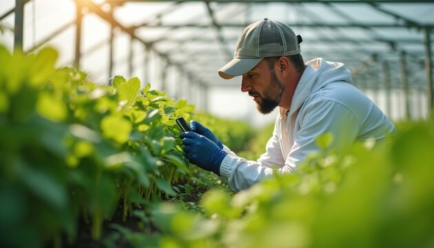 Farmer in greenhouse uses smartphone to check plant health. Monitors crop growth, ensuring optimal conditions with modern tech. Man manages young green plants for sustainable farming, food production. - Powered by Adobe