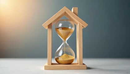 Hourglass shaped like a house symbolizes time pressure and market uncertainty. Sand flows through the timer inside a wooden home frame. Represents financial deadlines and home buying delays.