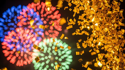 Vibrant bokeh fireworks illuminate the dark night sky, with shimmering golden confetti falling, symbolizing joyful celebration and triumphant moments