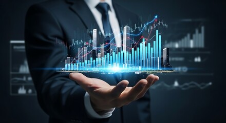 Modern businessman presenting soaring financial growth with a holographic cityscape, visualizing success and future business opportunities in a dynamic way.