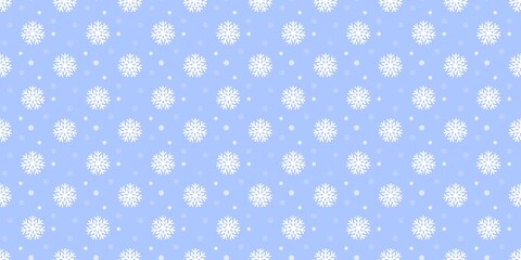 Snowflake pattern background. Seamless blue winter pattern with light blue snowflakes and dots, perfect for Christmas, holiday, and fabric designs. Christmas banner or greeting card.