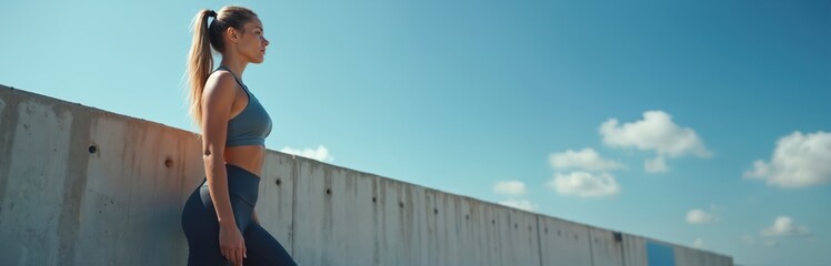 Sporty woman stands by concrete wall under blue sky. Athletic girl in sport clothes is taking break. Young female model rests after training or workout outdoors.