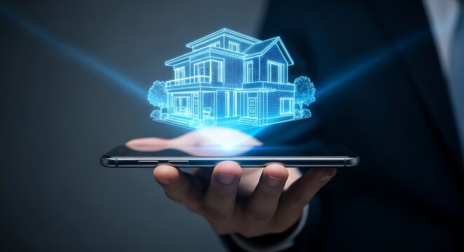 Discover your dream home with this modern technology concept showcasing a stunning house design with virtual reality on a smartphone for real estate success - Powered by Adobe