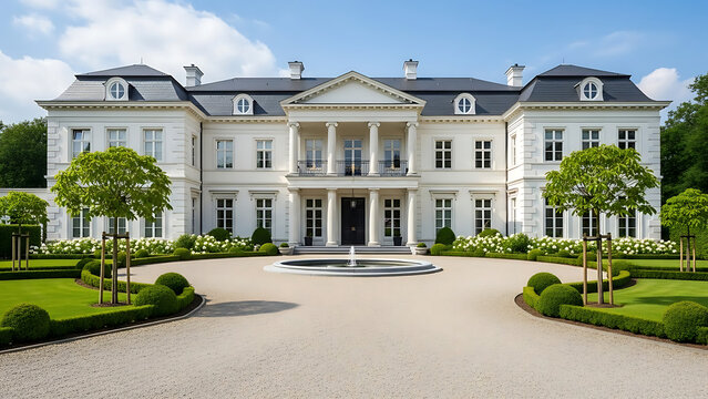 Grand White Neoclassical Mansion with Circular Drive and Fountain