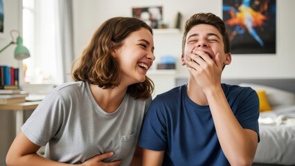 Teen friends laughing together in cozy bedroom setting
