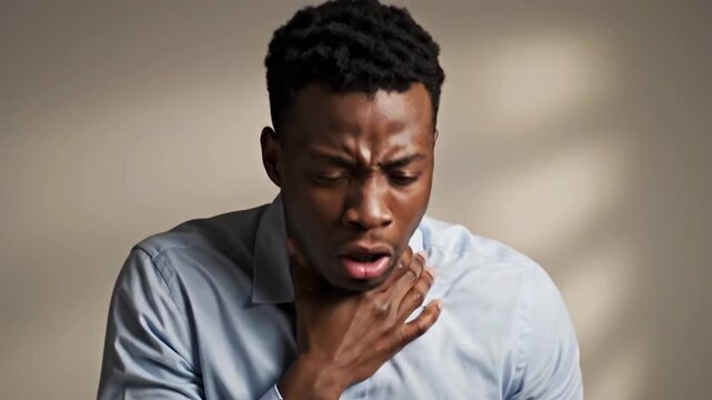 Man Experiencing Discomfort Portrait Series in Neutral Setting with Lighting Effects