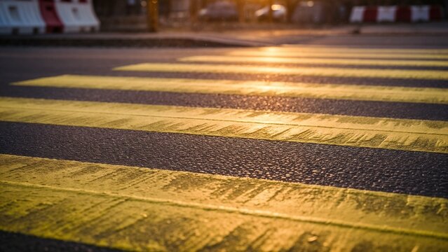 Fresh hand-painted temporary crossing with visibly uneven brush strokes at construction site road during dusk
