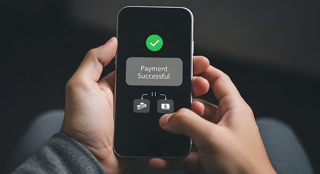 Seamless mobile payment success on smartphone in hand, demonstrating easy online finance and digital money transfer with modern green checkmark