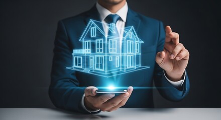 Professional businessman interacts with futuristic glowing house blueprint emerging from a mobile device screen