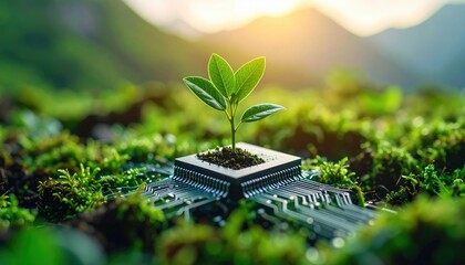 Green technology A young plant sprouting from a computer chip, symbolizing the fusion of nature and innovation for a sustainable future