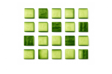 Diced fresh cucumber squares forming checkerboard pattern, alternating light and dark green, arranged on transparent background