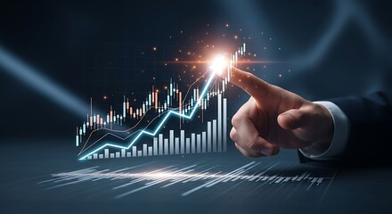 Business professional confidently interacts with a stunning glowing financial chart showing upward market growth and success