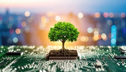 A vibrant green tree with roots firmly planted on a microchip, symbolizing sustainable technology and environmental growth