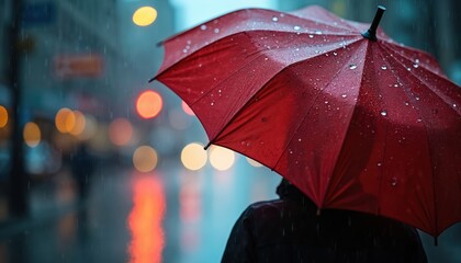 Person walks city street holding red umbrella. Raindrops fall on umbrella fabric. Blurred city lights create bokeh effect. Wet pavement reflects colorful glow.