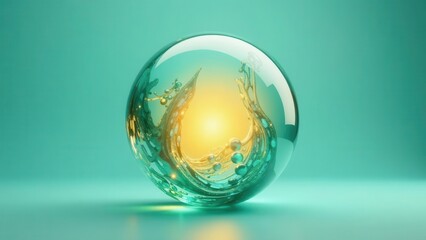 A luminous orb encapsulating intricate organic pathways with golden energy and emerald droplets suspended within its smooth, reflective surface