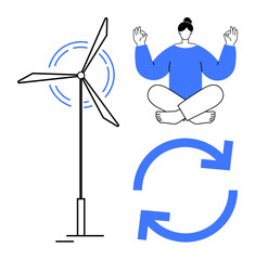 Renewable energy, mindfulness, eco-consciousness, recycling, environment, sustainable living. Wind turbine, meditating person and recycling arrows. Renewable energy and mindfulness illustration