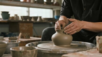 A potter shapes a clay vase on a spinning wheel in a well-lit workshop filled with ceramic tools and finished pieces.