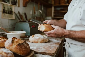 Baker slicing freshly baked bread in a rustic kitchen