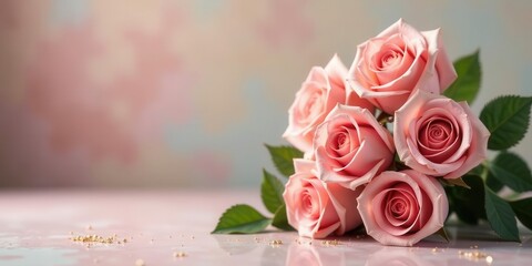 Gentle pastel bloom arrangement featuring delicate pale pink roses with lush green foliage adorning a reflective surface with subtle golden accents