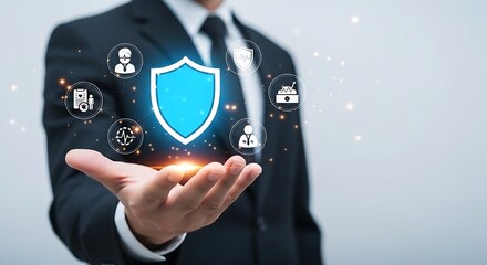 Professional businessman presents glowing digital shield symbolizing robust health and financial security services concept
