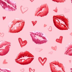 Watercolor Lips and Hearts Pattern for Valentine's Day