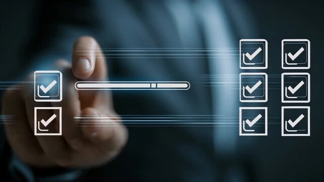 Businessman Hand Checking Tasks On A Futuristic Digital Checklist Interface With Blue Glowing Lines And Progress Bar