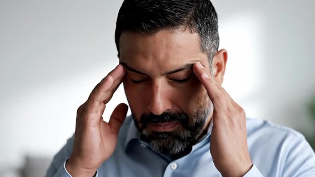 Man Experiencing Discomfort, Focus on Pain, Facial Expressions of Displeasure and Strain