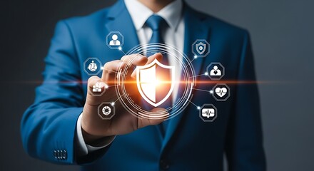 Professional executive activates digital shield protecting various assets like health and personnel data instantly