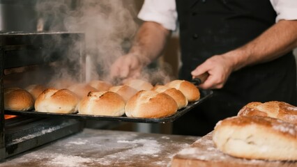 Baker removing freshly baked bread from oven with steam rising