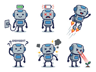 Robot Emotions and Actions Cartoon Illustration Set.