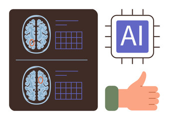 Brain scan imagery with highlighted regions and grid data, AI chip icon, thumbs-up gesture. Ideal for healthcare, neuroscience, AI innovation, diagnostics, medical technology, data analysis simple