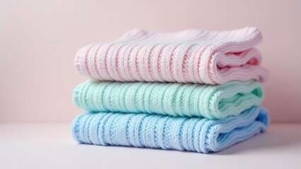 Neatly folded stack of pastel colored knit garments with a delicate textured appearance against a soft light backdrop