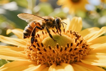 Honeybee collecting pollen from a yellow flower in a sunny outdoor setting