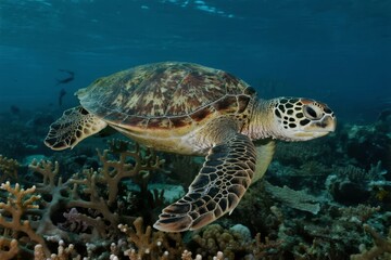 Green sea turtle swimming over coral reef in clear blue ocean waters