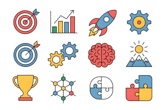 Business strategy icons in red blue yellow and green - Powered by Adobe