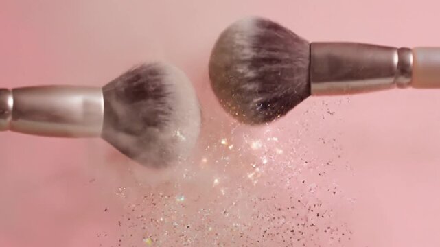 Two makeup brushes colliding mid-air, creating a cloud of powder and glitters against a pink background