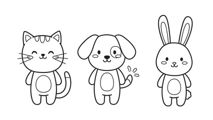 Cute hand drawn cartoon animals cat dog and rabbit
