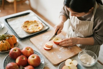 Woman slicing apples on a wooden cutting board while preparing a pie in a kitchen