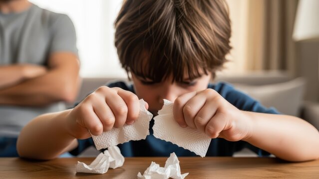 Young boy tearing tissue in frustration with adult in background