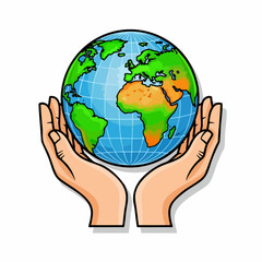 Fototapeta premium Cartoon Earth in human hands shows care for world. Cartoon Earth in human hands illustration, symbolic of environmental responsibility and a planet in need of protection.