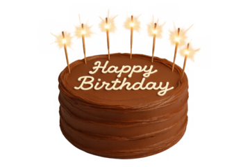 Chocolate birthday cake with happy birthday text and lit sparklers, celebrating a joyous event, transparent background