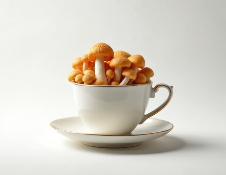Fresh mushrooms in cup on saucer. Alternative medicine concept with healthy fungus brew or tea for wellness. White background studio food still life. Cozy vibes art.