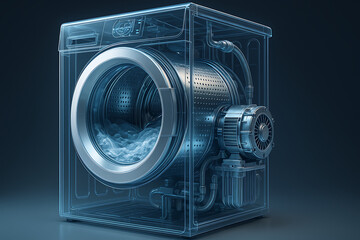 Transparent 3D rendered washing machine showing internal components modern appliance technology futuristic cutaway model household laundry equipment engineering visualization digital blueprint concept