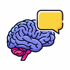 Brain icon, blue brain representing mind, memory, and cognitive functions in detailed cartoon illustration. Mental brain icon shows speech bubble, ideal for representing thoughts and ideas.