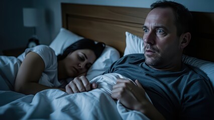 Obraz premium Anxious man awake in bed at night beside sleeping woman in calm bedroom setting