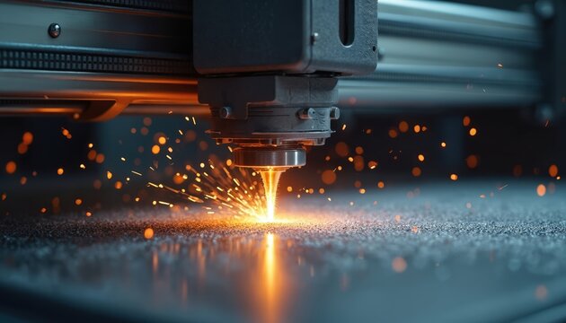 Industrial laser cutter precisely melts metal powder for additive manufacturing. Sparks fly as robotic head builds complex shape layer by layer in dark factory setting.